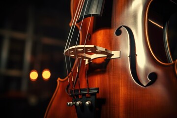 Poster - A detailed close-up view of the strings on a violin. This image can be used to showcase the craftsmanship and beauty of a violin, or to illustrate the art of playing a musical instrument.
