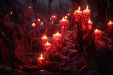 Poster - A bunch of lit candles in the dark, creating a warm and cozy atmosphere. Perfect for adding a touch of elegance and serenity to any setting.