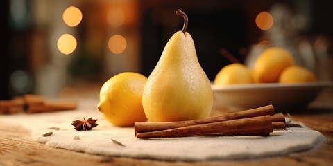 Sticker - A table is adorned with a bowl of fresh lemons and cinnamon sticks. This versatile image can be used to add a touch of freshness and warmth to various projects.