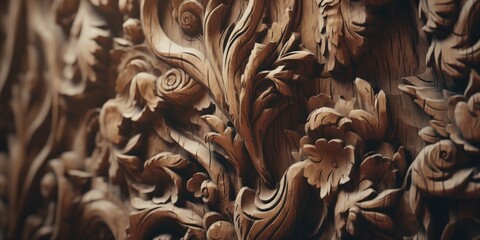 Poster - A detailed close-up of a beautifully carved wood wall. This image can be used to add a touch of elegance and texture to any design project.