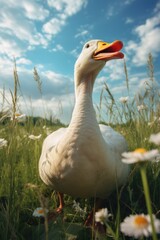 Poster - A picture of a duck standing in a field of tall grass. This image can be used to depict wildlife, nature, or outdoor scenes.