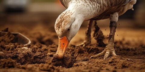 Poster - A bird is seen digging in the dirt. This image can be used to depict natural behavior of birds or to illustrate the concept of foraging for food.