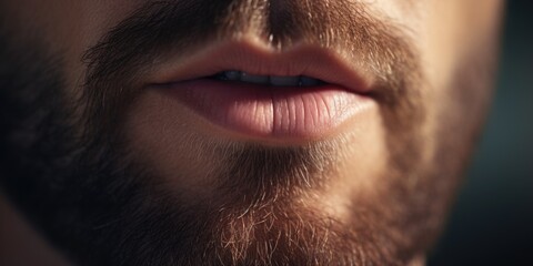 Poster - A close-up view of a man's lips with a stylish beard. This image can be used to depict masculinity, fashion, grooming, or personal care.