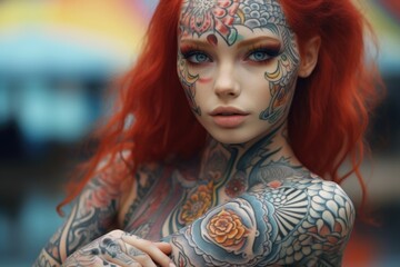 Poster - A picture of a woman with vibrant red hair and intricate tattoos on her body. Perfect for expressing individuality and uniqueness in various projects.