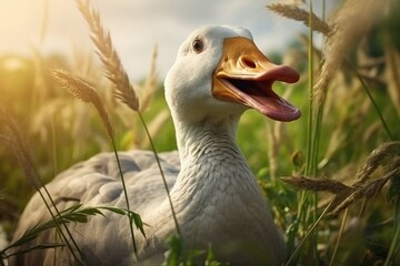 Wall Mural - A picture of a duck with its mouth open, standing in tall grass. This image can be used to depict wildlife, nature, or animal behavior.