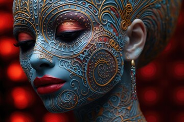Poster - A close-up image of a woman's face with intricate face paint. This picture can be used for various artistic, cultural, or Halloween-themed projects.