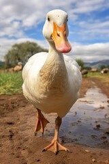 Poster - A duck standing in a muddy field next to a puddle of water. Suitable for nature and wildlife themes.