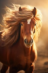 Poster - A captivating image of a brown horse running with a long, flowing mane. Perfect for equestrian enthusiasts or anyone in need of a dynamic and energetic horse image.