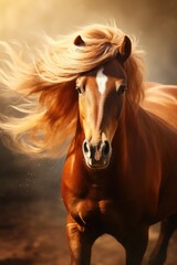Poster - A powerful brown horse with a long mane is captured in motion, running freely. This image can be used to depict strength, freedom, and the beauty of nature.