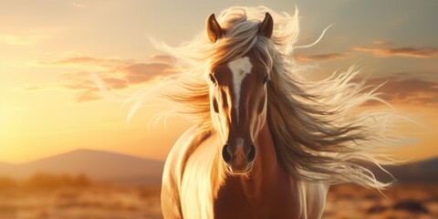 Poster - A brown horse with a long mane running in a field. Perfect for equestrian and nature-themed projects