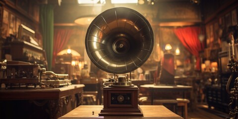 Wall Mural - An antique gramophone displayed on a table in a room. This vintage piece adds a touch of nostalgia to any space. Perfect for interior design projects or music-themed content