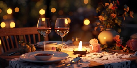 Poster - Two glasses of wine sit on a table with a candle. Perfect for romantic dinners or wine-themed events