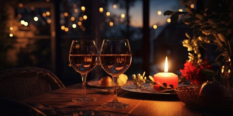 Poster - Two wine glasses sitting on top of a wooden table. Perfect for wine enthusiasts and elegant dining settings