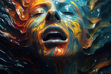 Poster - A close up of a woman's face with vibrant and colorful paint. This image can be used for various creative projects and artistic concepts