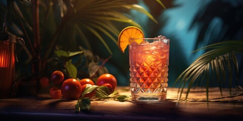 Poster - A refreshing glass of orange juice sits on top of a sturdy wooden table. Perfect for use in food and beverage promotions or healthy lifestyle articles