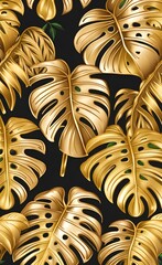 Wall Mural - Golden seamless pattern with shiny monstera, palm leaves. Tropical exotic vintage hand-drawn 3d illustration. Premium bright background art design. Luxury, mural, clothes, fabric, Generative AI