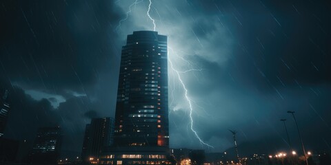 Poster - A striking image of a tall building with a dramatic lightning bolt in the background. Perfect for illustrating power, energy, or a stormy atmosphere.