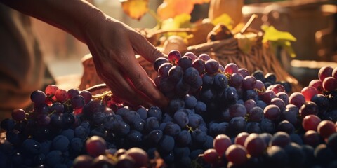 Poster - A close-up view of a person carefully picking grapes from a basket. This image can be used to showcase the harvest season or highlight the process of grape picking.