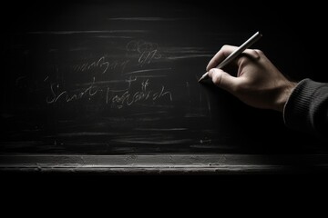 Poster - A person is seen writing on a blackboard with a pen. This image can be used for educational purposes or to depict creativity and problem-solving
