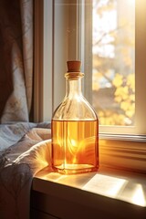 Poster - A bottle of liquid sitting on a window sill. Suitable for various uses