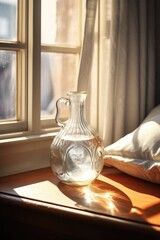 Poster - A clear glass vase sitting on top of a wooden table. This versatile image can be used in various contexts