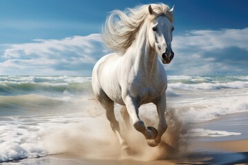 Poster - A white horse galloping freely along the sandy beach near the vast ocean. Perfect for nature and animal-themed projects