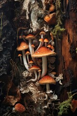 Poster - A group of mushrooms sitting on top of a tree stump. Can be used to depict nature, forest, or fungi in various projects