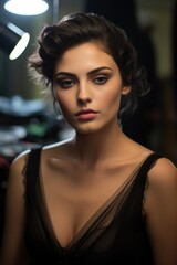 Aufkleber - A woman in a black dress strikes a pose for a photograph. This image can be used for various purposes, such as fashion, portrait, or advertising
