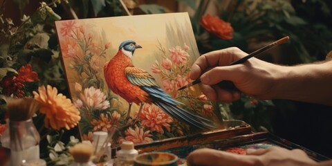 Aufkleber - A person is painting a picture of a bird. This image can be used for art-related projects or to illustrate the creative process