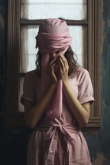 Poster - A woman wearing a pink scarf covers her face. This image can be used to represent privacy, mystery, or protection