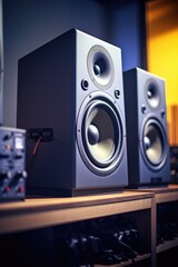 Poster - A couple of speakers sitting on top of a wooden shelf. Perfect for home audio systems or music production setups