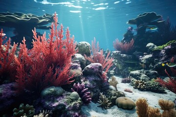 Aufkleber - An underwater scene featuring vibrant corals and a variety of fish. Perfect for nature enthusiasts and marine life enthusiasts.