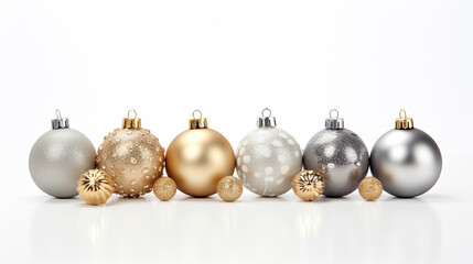 silver and gold christmas decorations on a white background