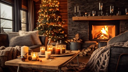 Canvas Print - Cozy living room with candles, fireplace and christmas decorations. Vintage style. Interior of a cozy living room with a fireplace, a Christmas tree and gifts.