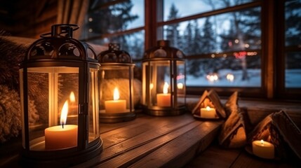 Canvas Print - Cozy living room with candles, fireplace and christmas decorations. Vintage style. Interior of a cozy living room with a fireplace, a Christmas tree and gifts.