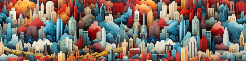 Wall Mural - Illustration. panorama of big city. wide banner. Mixed style painting. Seamless pattern. For poster, business card, invitation, flyer, banner, email, header.  Generative Ai content