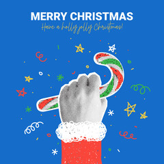 Wall Mural - Merry Christmas card template. Vector illustration with halftone Santa Claus hand holding candy cane. Retro Christmas banner for decoration holiday greetings, posters, parties with hand drawn doodle.