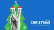 Merry Christmas banner template. Vector illustration with halftone hand showing V gesture with Santa Claus hats on fingers. Christmas banner for decoration holiday greeting with hand drawn doodle.
