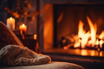 Canvas Print - Cozy living room with candles, fireplace and christmas decorations. Vintage style. Interior of a cozy living room with a fireplace, a Christmas tree and gifts.