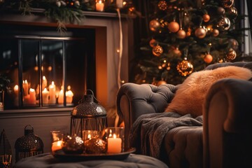 Canvas Print - Cozy living room with candles, fireplace and christmas decorations. Vintage style. Interior of a cozy living room with a fireplace, a Christmas tree and gifts.