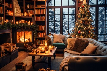 Canvas Print - Cozy living room with candles, fireplace and christmas decorations. Vintage style. Interior of a cozy living room with a fireplace, a Christmas tree and gifts.