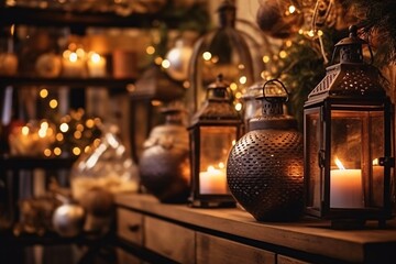 Canvas Print - Cozy living room with candles, fireplace and christmas decorations. Vintage style. Interior of a cozy living room with a fireplace, a Christmas tree and gifts.