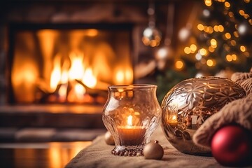 Canvas Print - Cozy living room with candles, fireplace and christmas decorations. Vintage style. Interior of a cozy living room with a fireplace, a Christmas tree and gifts.