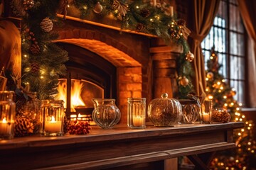 Canvas Print - Cozy living room with candles, fireplace and christmas decorations. Vintage style. Interior of a cozy living room with a fireplace, a Christmas tree and gifts.