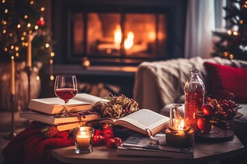 Canvas Print - Cozy living room with candles, fireplace and christmas decorations. Vintage style. Interior of a cozy living room with a fireplace, a Christmas tree and gifts.