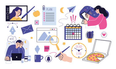 Poster - Remote work. Creative business. Designer character. Computer online freelance job. People drawing at digital table. Web painting. Deadline plan. Office elements set. Vector illustration