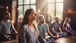 A group meditation session in a yoga studio, breath exercise, men and women meditating and breathing with closed eyes, breath-work concept