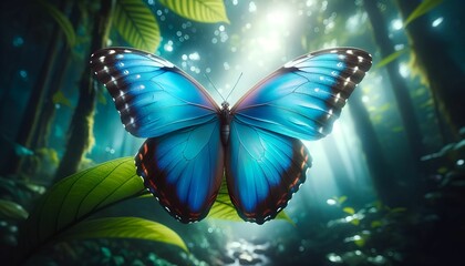 Canvas Print - An AI illustration of a blue butterfly on a leaf in the forest with sun shining behind