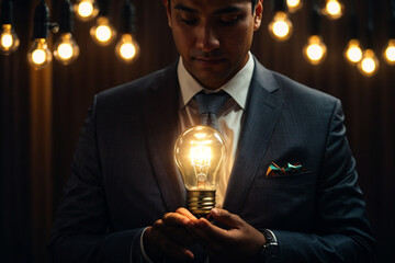 Businessman holding glowing lightbulb and human