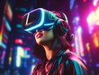 Young woman with a MR headset and experiencing virtual reality
